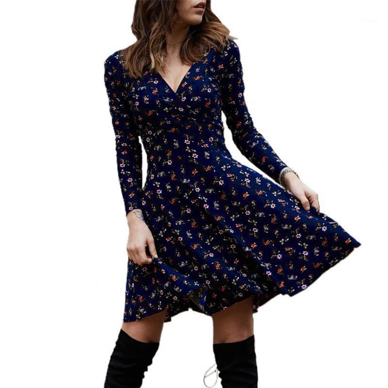 

Casual Dresses 2022 Est Fashion Women Deep V Neck Long Sleeve Waist Tight Large Hem Floral Print Mini Dress For Female, Black