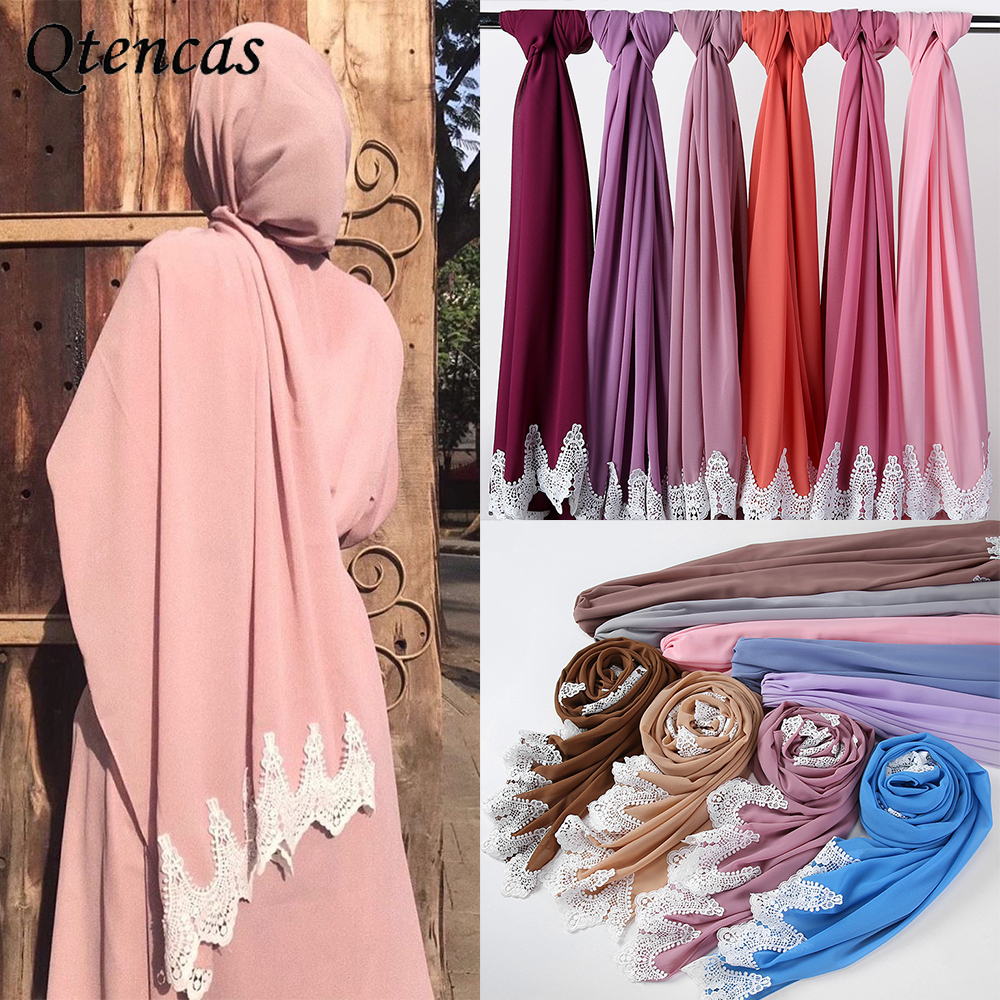 

2022 Lace Chiffon Hijab Scarf Women Long Muslim Hijabs Head Scarfs Plain Islam Scarves for Ladies Shawls Foulard Femme Musulman