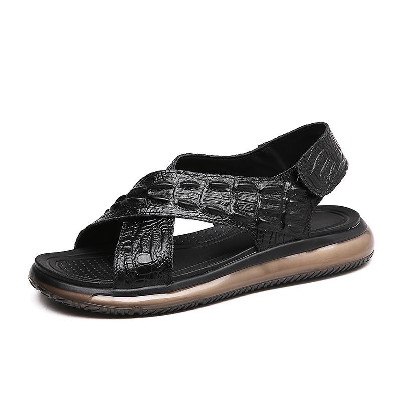 

Sandals Cow Leather Sandal Men Vacation Wearproof High Quality Beach Shoes With Soft Sole Crocodile Grain Summer MoccasinSandals, Black