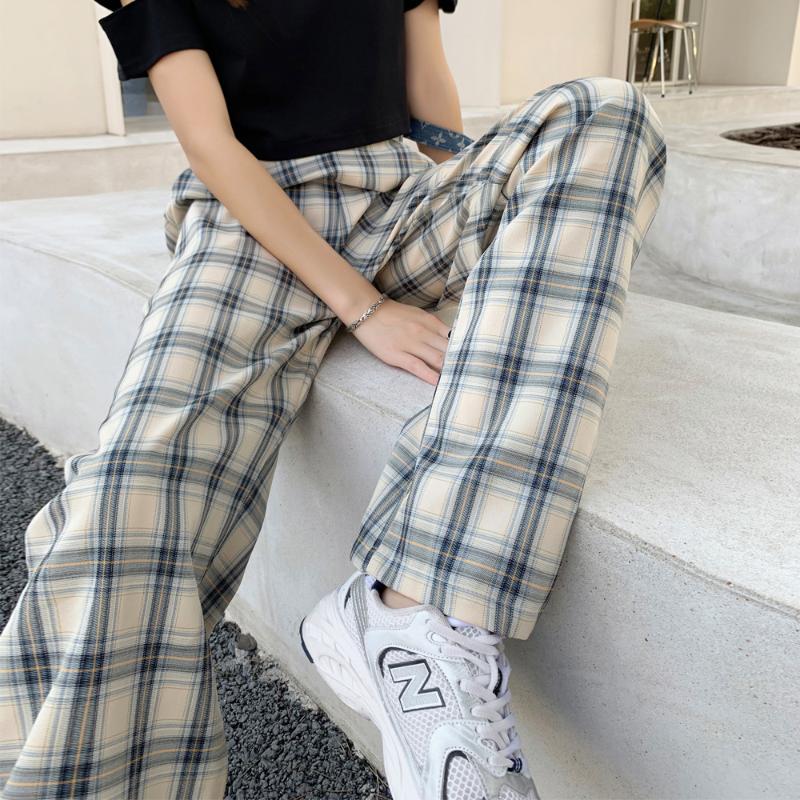 

Women' Pants & Capris Y2K Plaid Wide Leg Women 2022 High Waist Drape Baggy Casual Loose Straight Trousers Female -2XL, Black
