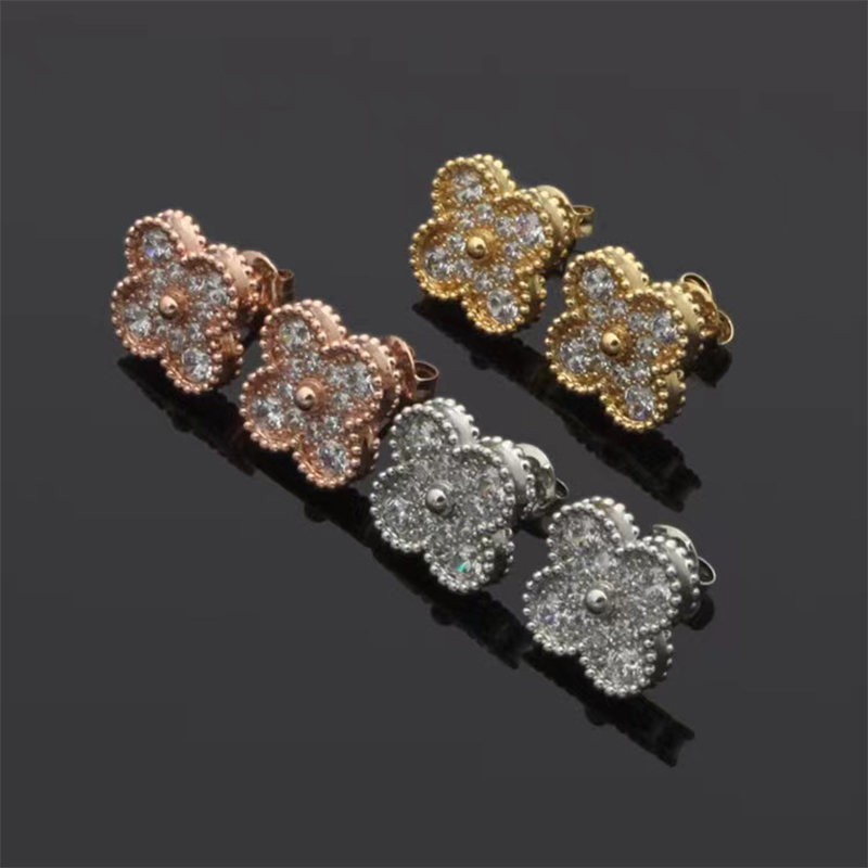 2022 Brand New Luxury Van Cleef & Arpels Crystal Stud Earring Classic Full Diamond Clover Earrings High Quality Fashion Women Earrings Designer