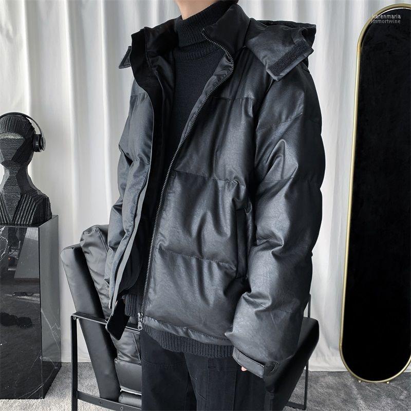 

Men's Down & Parkas Winter Thicken PU Leather Hooded Jackets Zipper Coats Short Bread Jacket Windproof Casual Warm Clothes Kare22, Black