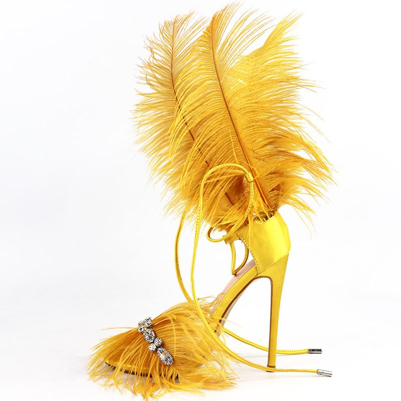 

Sandals Gullick Silk Rhinestone Real Feather Gladiator Elegant Women Thin High Heel Yellow Rose Red Gray Party Footwear