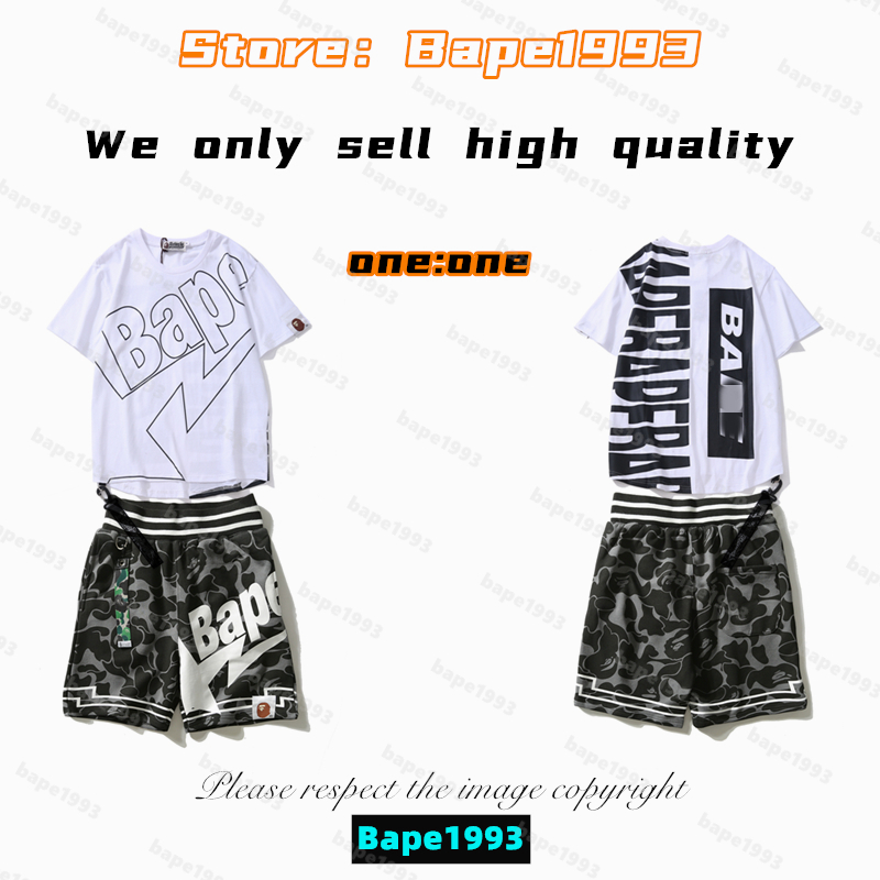 

High Quality Apes Mens t-Shirts & Shorts Sets Japan Shark B ape head Galaxy spots luminous camo co-branded same style for men and women 100% cotton New tshirt set 1993 TZD2-13, 1 button