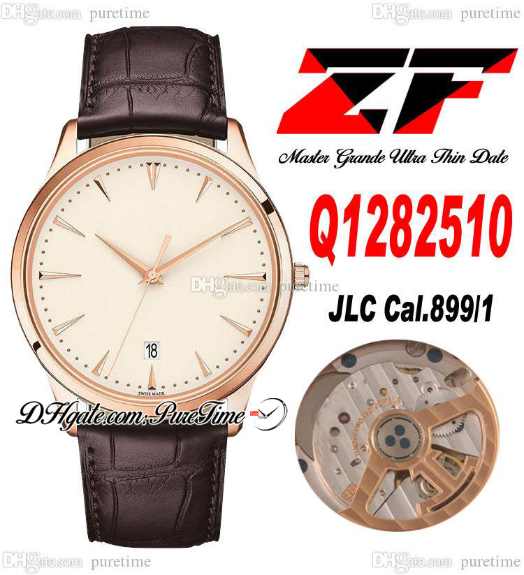 

ZF Master Grande Ultra Thin Date Q128250 A899/1 Automatic Mens Watch Rose Gold Silver Dial Stick Markers Brown Leather Strap Super Edition Puretime E5, 4d05a