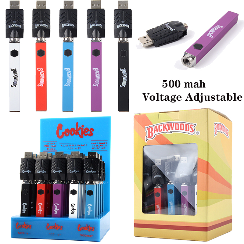 

Cookies Backwoods 500mAh Twist Preheat VV Battery Bottom Voltage Adjustable Usb Charger Vape Pen For 510 Cartridges 25pcs Per Lot Square Display Box