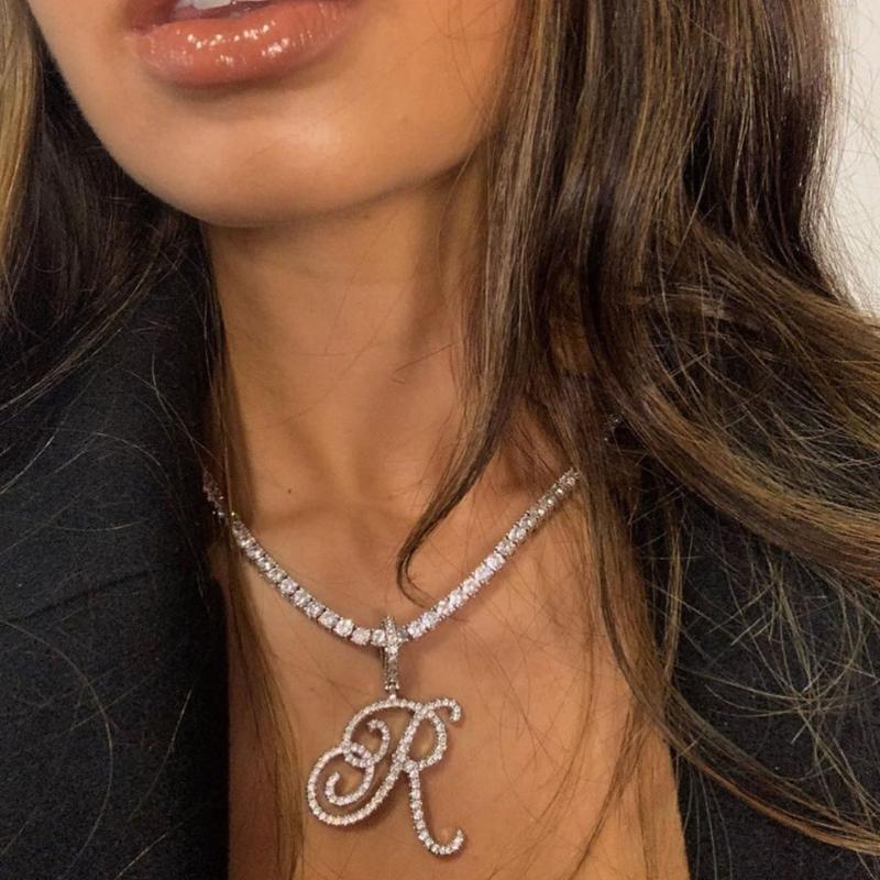 Chains Iced Out 5A CZ Rope Chain Tennis Gold Color A-Z Cursive Letters Charm Name Pendant Necklace For Women Men Hip Hop JewelryChains