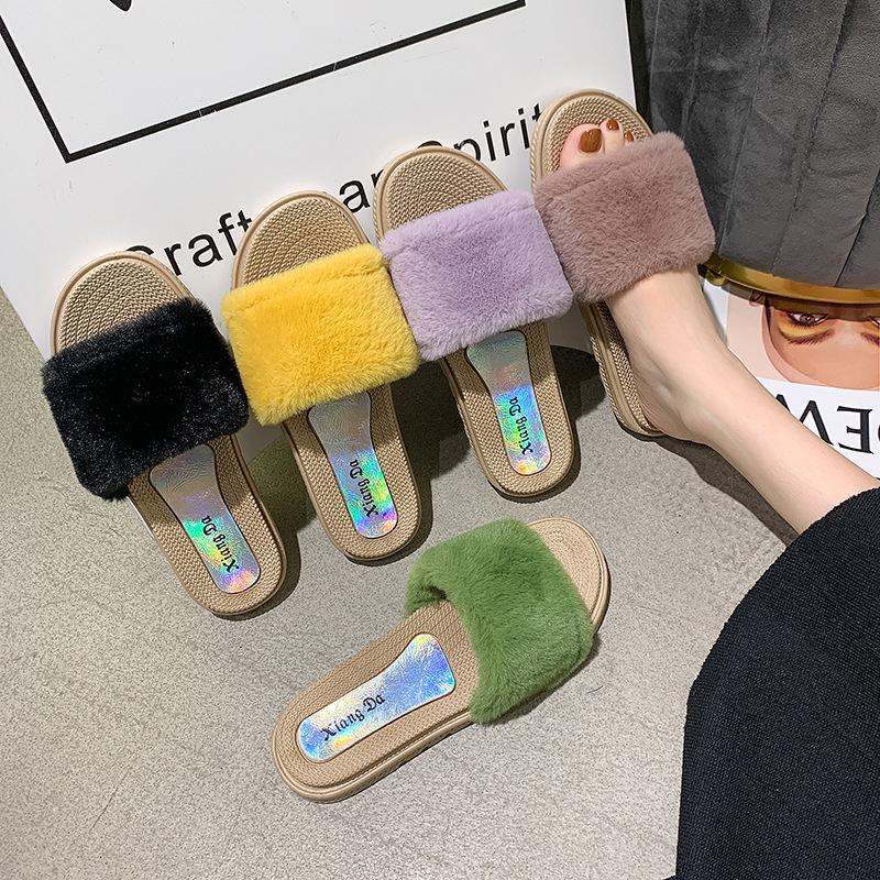 

Slippers 2022 Summer Fashion Hairy Female Trend Wild Pure Color Indoor Sandals Outdoor Non-slip Beach Shoes, Black