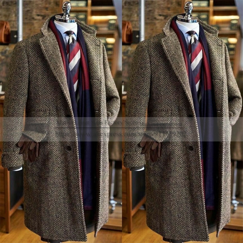 

Winter Brown Herringbone Men Jacket Tweed Wollen Blends Blazer Single Breasted Long Coat Custom Made Man Overcoat Veste Homme 220409, Dark grey