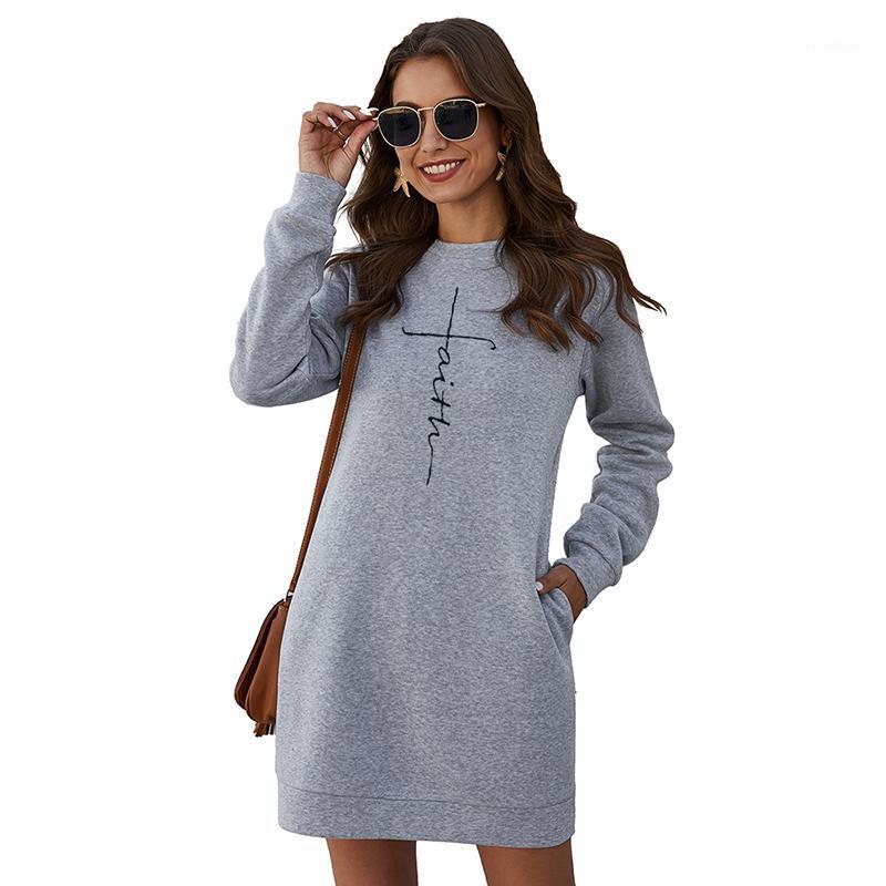 

Casual Dresses 2022 Faith Embroidery Dress Women Solid Long Sleeve Loose Pocket Elegant Ladies Sweatshirt Vestido, Beige