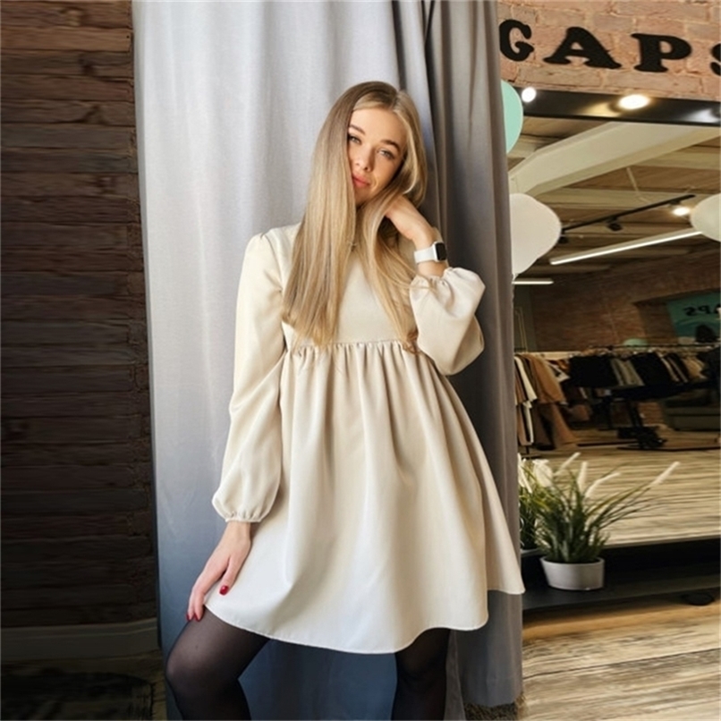 

CHURSES O-Neck Folds Lantern Sleeve Casual Dresses Autumn Solid Color A-Line Loose Comfort High Waist Dress For Women 220406, As the picture