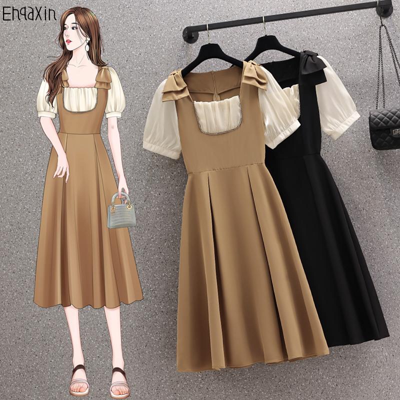 

Casual Dresses Summer French Ladies Dress 2022 Fashion Sweet Bow Stitching Light Luxury Long Square Neck Short Sleeve -4XLCasual, Black