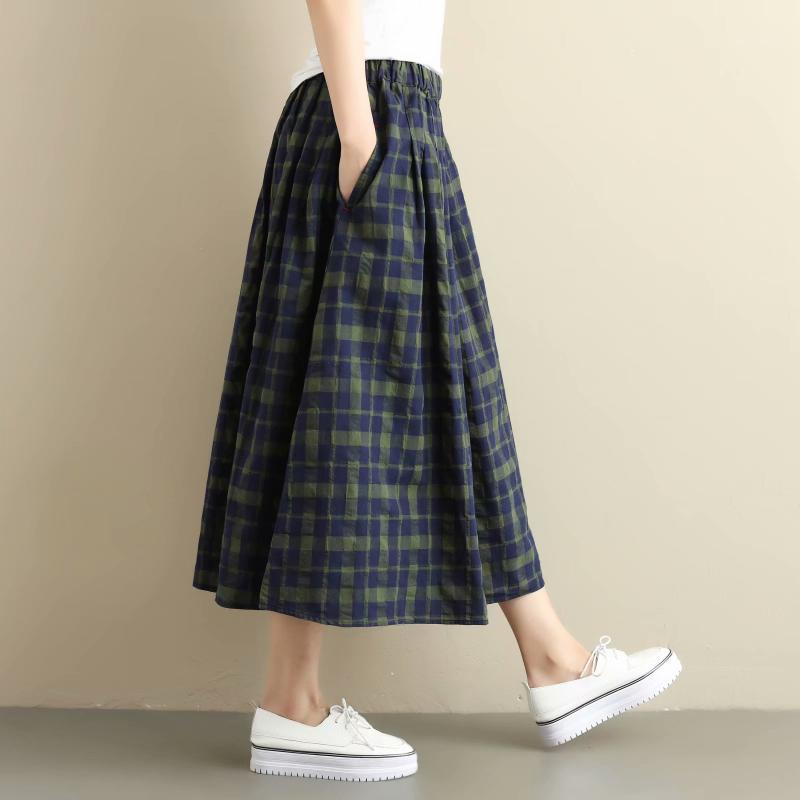 

Skirts Summer Mori Girl Retro Plaid Autumn Women Japanese Vintage Cotton Linen A-Line Skirt Loose Elastic Waist Ladies Midi Saia, Green