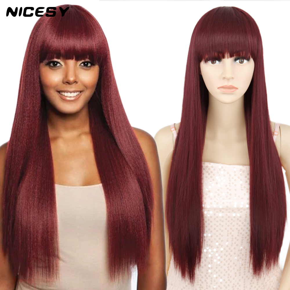 Costume Accessories Long Straight Wine Red Wig With Bangs Synthetic Hair Wigs Bang With Wig For Women Wine Red Heat Resistant Wigs-image-773030764