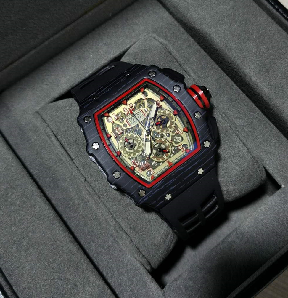 

6-pin men's high quality diamond quartz watch hollow glass back stainless steel case watch black rubber LA
