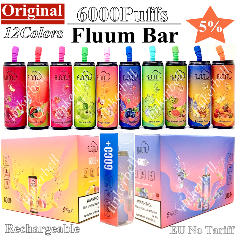 

Original Fluum Bar 6000 Puffs Vapes Disposable E Cigarette Vape Pen 15ml Pod 2% 3% E Cigs 5% 600mAh Rechargeble Battery Vapor Kits 24 Flavors Puff 6000 Device