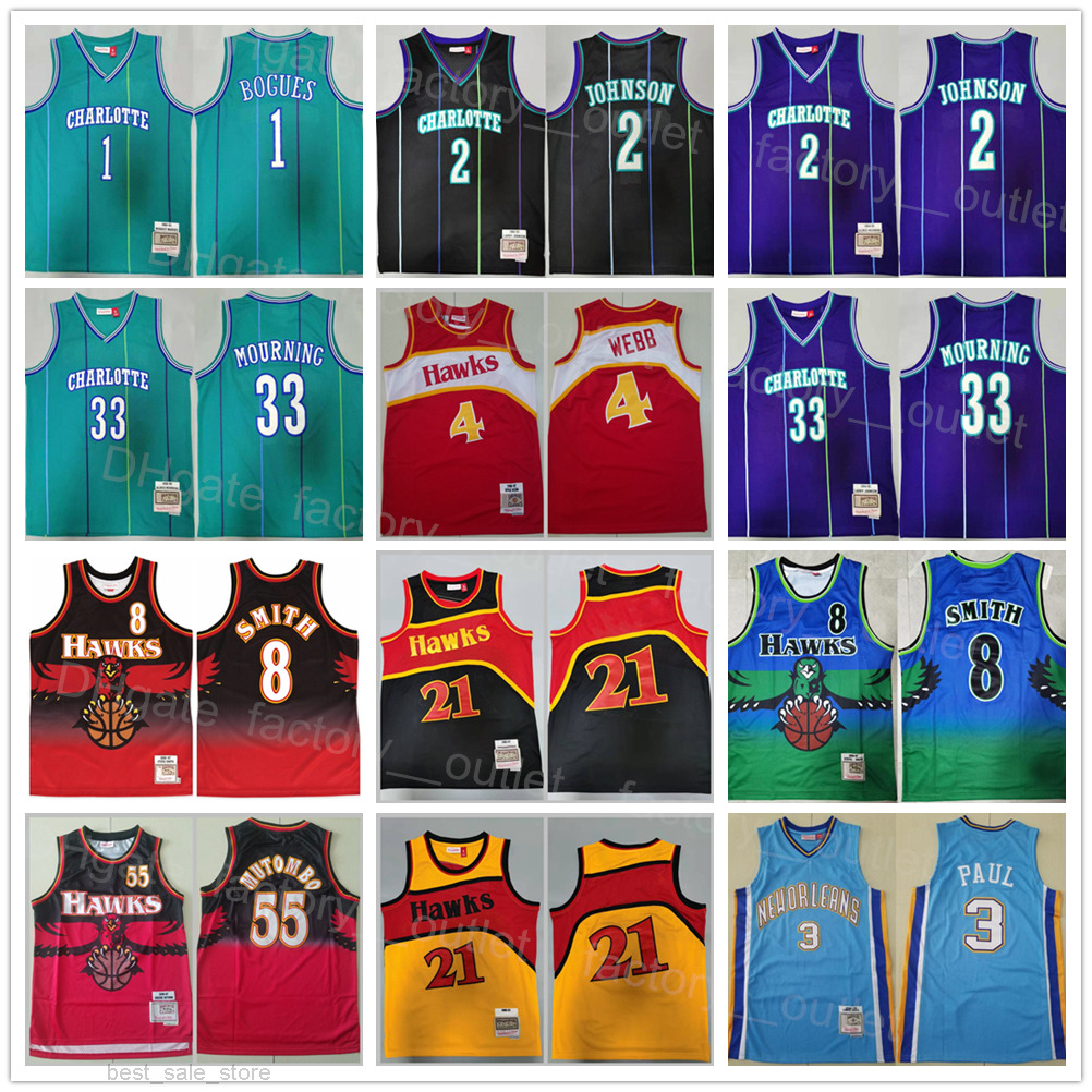 Mitchell and Ness Basketball Retro Spud Webb Jersey 4 Dikembe Mutombo 55 Steve Smith 8 Tyrone Muggsy Bogues 1 Larry Johnson 2 Alonzo
