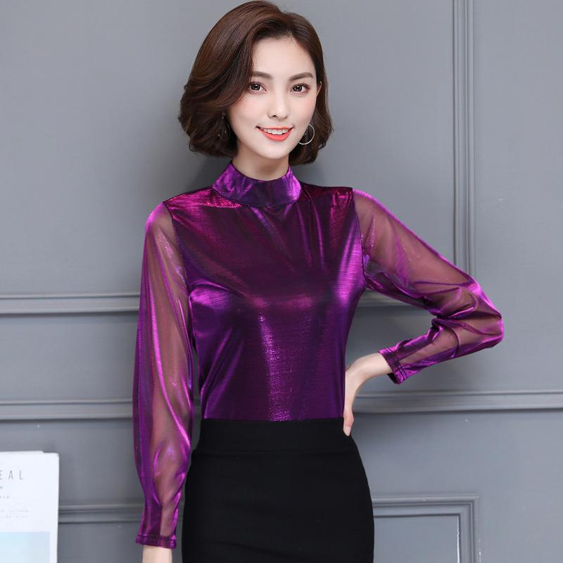 

Women' Blouses & Shirts Spring Fall Office Lady Elegant Women Purple Green Mesh Stand Collar Long Sleeve Blouse Sequined Slim For WomanWome
