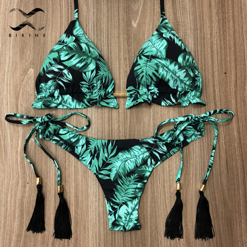 

Brazilian bikini thong Leaves print bathing suit Tassel swimwear women Sexy swimsuit female Push up bathers biquinis Y200319, -2