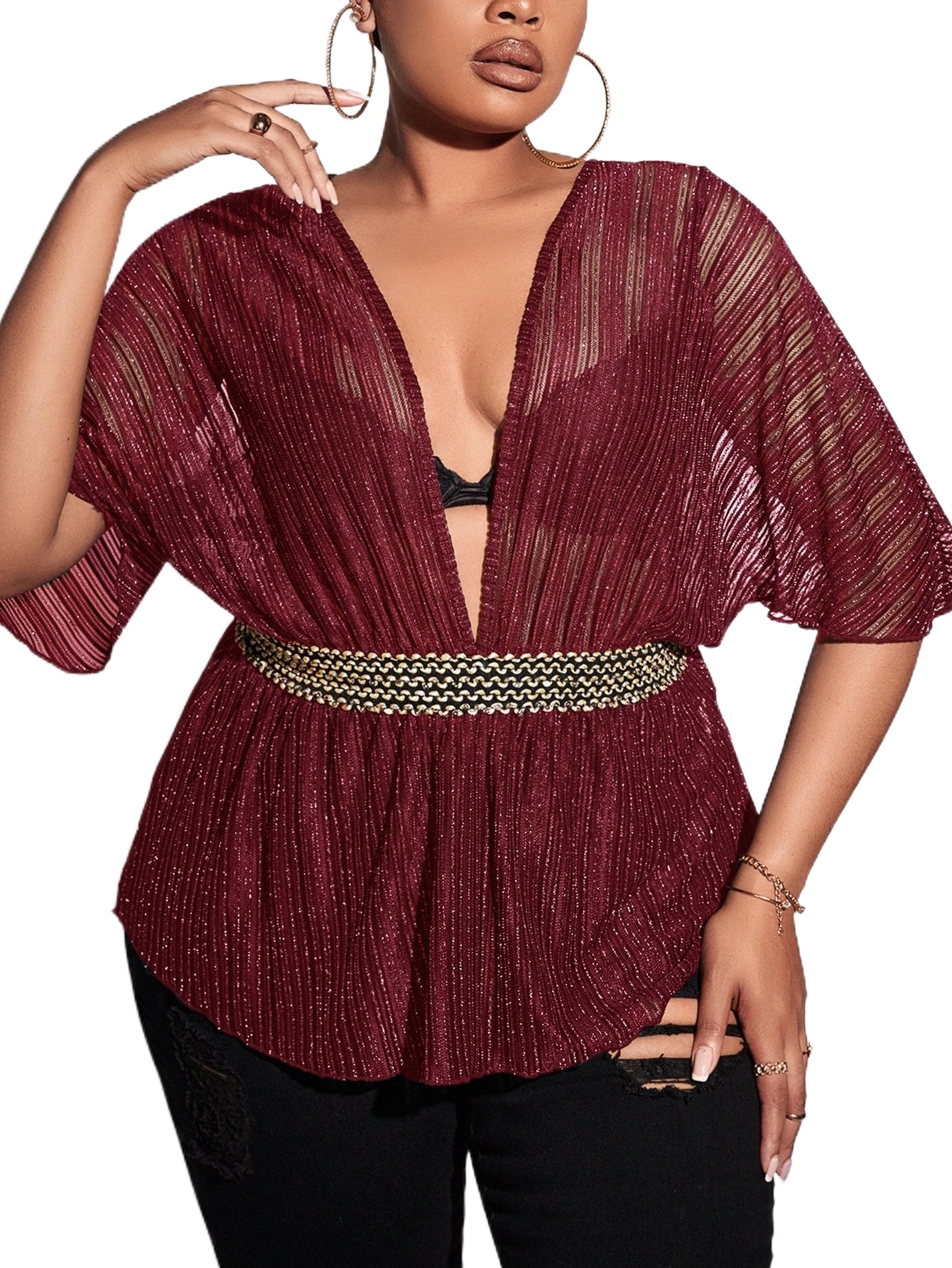 

sxy Plus Dolman Sleeve Tie Back Plunging Neck Mesh Top Without Bra j6sq#, Burgundy