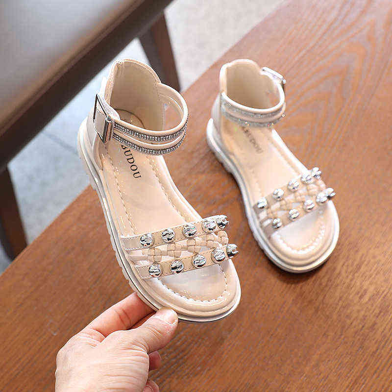 

Children Summer Sandals for Girls Shoes Rivet Princess Sandals Baby Knitting Knots Fashion Shoes Kids Beach Shoes G220418, Beige