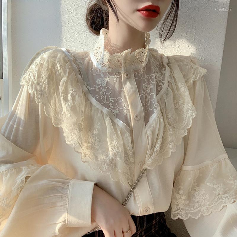 

Women' Blouses & Shirts Vintage Lace Women Summer Korean Sweet Loose Ruffle Female Fashion Stand Collar Ladies Tops High QualityWomen' Che, White