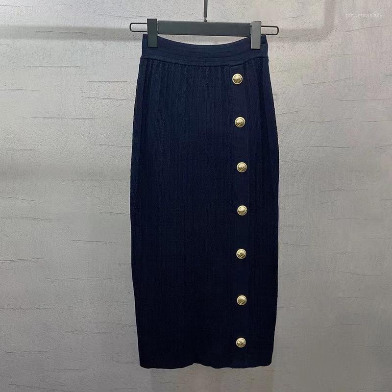 

Skirts Fashion Row Buttons Trim Stretch Knitted Midi Pencil Skirt For Women High End Quality Elastic Waist Formal Navy Blue 2022Skirts, As pic
