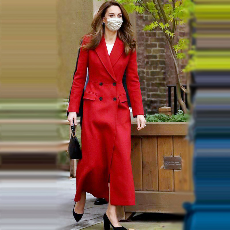 

Kate Middleton Princess Blends Double Breasted Long Sleeve Turn-Down Collar Outerwear Coat Blend, Red