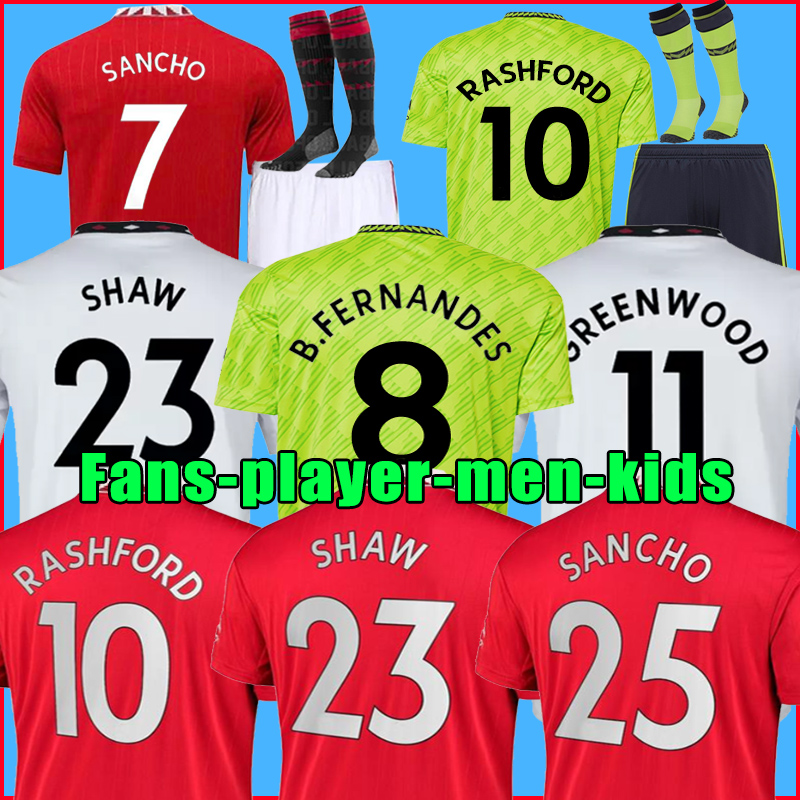 

21 22 23 SANCHO soccer jerseys PLAYER #7 Fans Player version WOMEN MANS UTDS FERNANDES MANCHESTERS SHEW RASHFORD GREENWOOD football top shirt 2022 2023 kids kit set, 22 23 away men+patch
