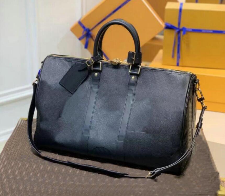 

Top quality embossing travel luggage bag key and lock men luxury leather handbag duffle bag Courrier Shoulder bags Crossbody handbags, Black embossing