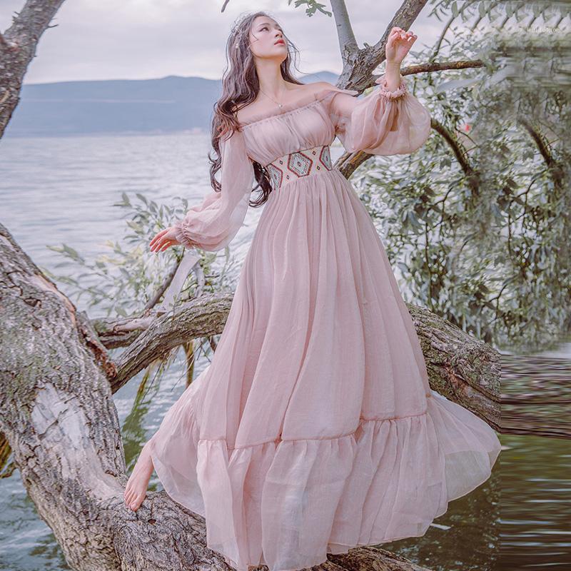 

Casual Dresses Arrival Runway Vintage Bohemian Strapless Shoulder Mesh Dress Women Lace Chiffon Elegant Elastic Waist Vestidos, As picture