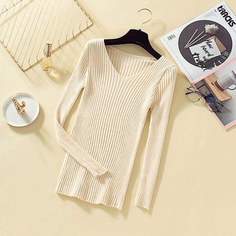 

Women's Sweaters 2022 Pullover Knit Sweater Women Winter Clothes Jumper V Neck Soft Rib Knitted Tops Knitwear Pull Femme Jemi22, Beige