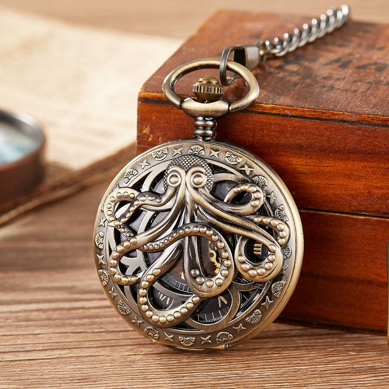 

Pocket Watches Vintage Retro Skeleton Cute Octopus Animal Mechanical Watch Mens Fob Chain Golden Automatic Self-winding Women Men, Color 1