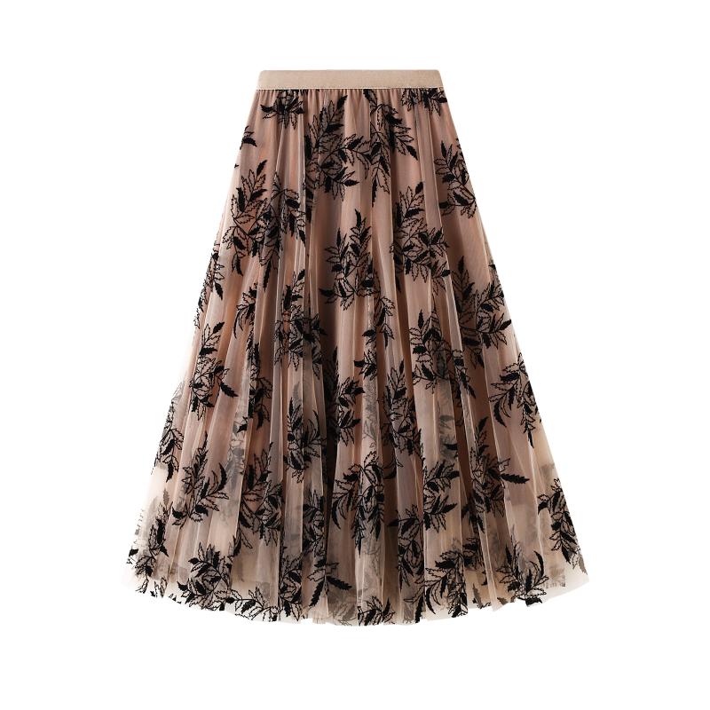 

Skirts Spring Fashion Female Midi Skirt Ladies Leaf Patterns High Elastic Waist Tiered For Autumn Fall Black/Apricot/Coffee