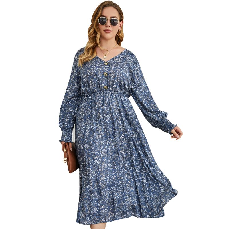 

Plus Size Dresses 4XL Boho Beach V-Neck Dress Women Floral Print Long Sleeve Midi High Waist Loose Flowy Swing Casual Vestido, Blue