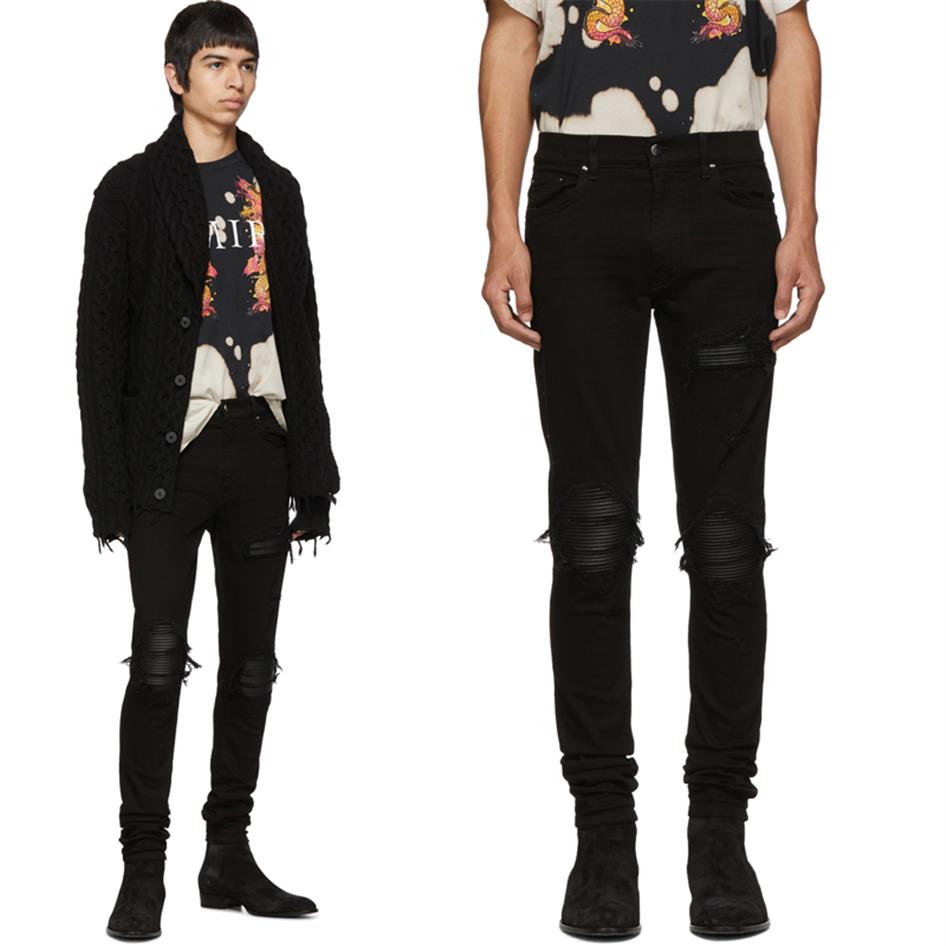 

top quality a MX1 patchwork holes Jeans miri Slim Fit Motorcycle Biker Denim pants Fashion Designer Hip Hop Mens Jeans high qualit287J, Black