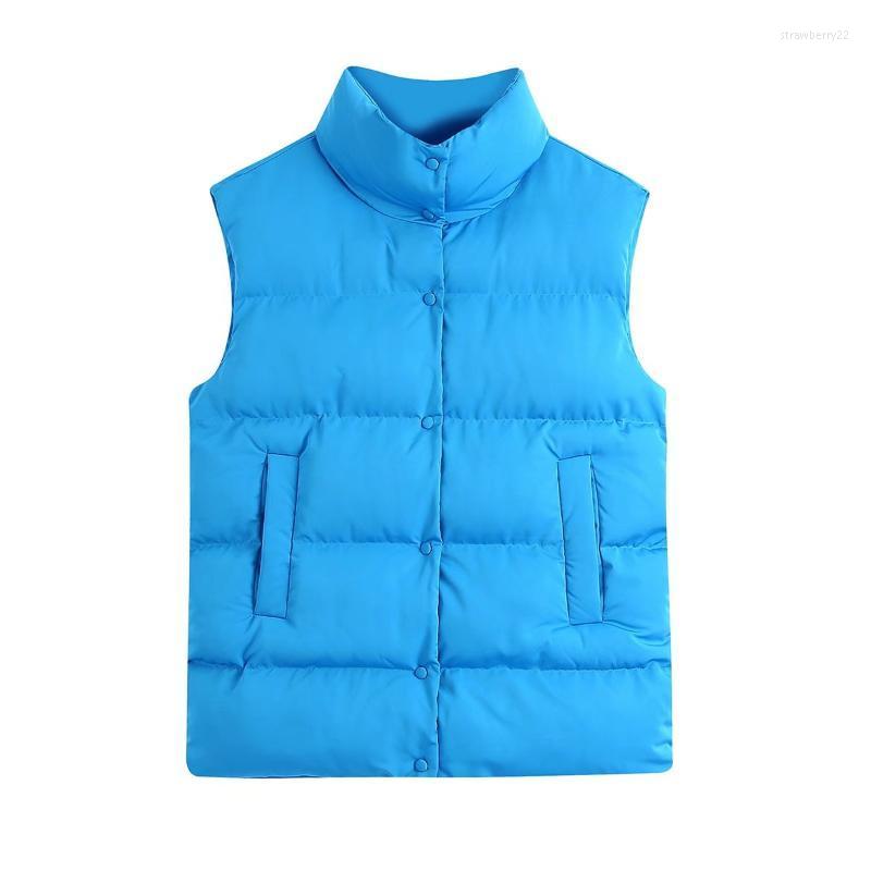

Women's Vests Clazzaa Women Fashion Single Breasted Blue Solid Vest Vintage Sleeveless High Neck Casual Jacket Chic Tops Female Stra22