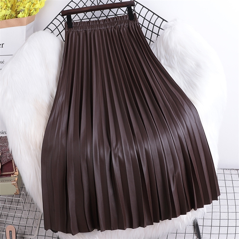 

TIGENA Faux Leather Women Maxi Skirt Autumn Winter Casual Solid PU A Line High Waist Pleated Long Female Ladies 220317, White