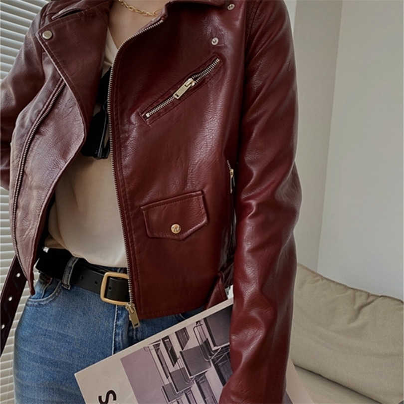 Veste en cuir de moto Femmes Revers Slim Zipper Court Faux Cuir Manteau Femme Streetwear Biker PU Outwear Printemps Automne 220815