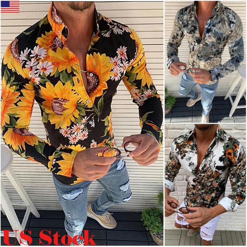 

Men's Casual Shirts Summer Hawaiian Style Men Fashion Sunflower Floral Long Sleeve Turn-down Collar Top, White;black