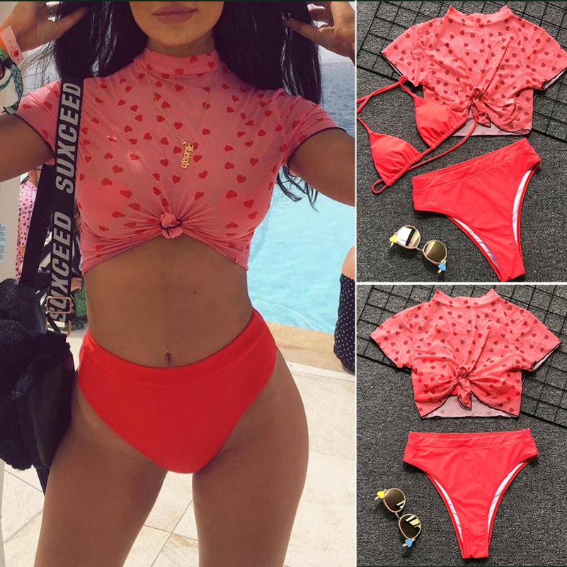 

InX 3 piece swimsuit women Sexy High waist bikini push up swimwear women Bathing suit Summer beach wear Red print crop top Y200319