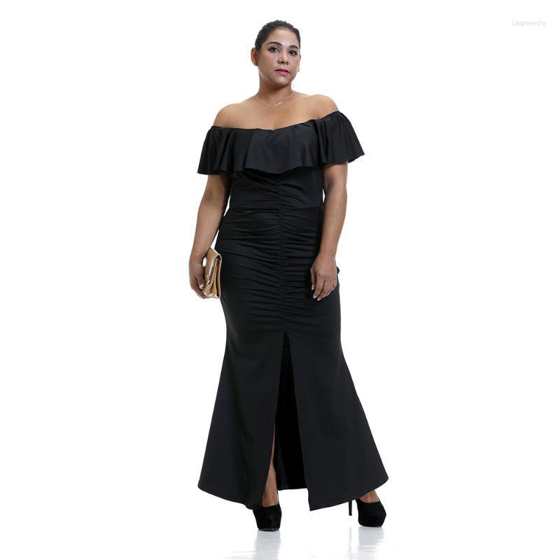 

Plus Size Dresses Sale Solid Off Shoulder Split Formal Evening Party Dress Women Sexy Folds Elegant Bodycon Robe Femme 5XL Jasp22, Black