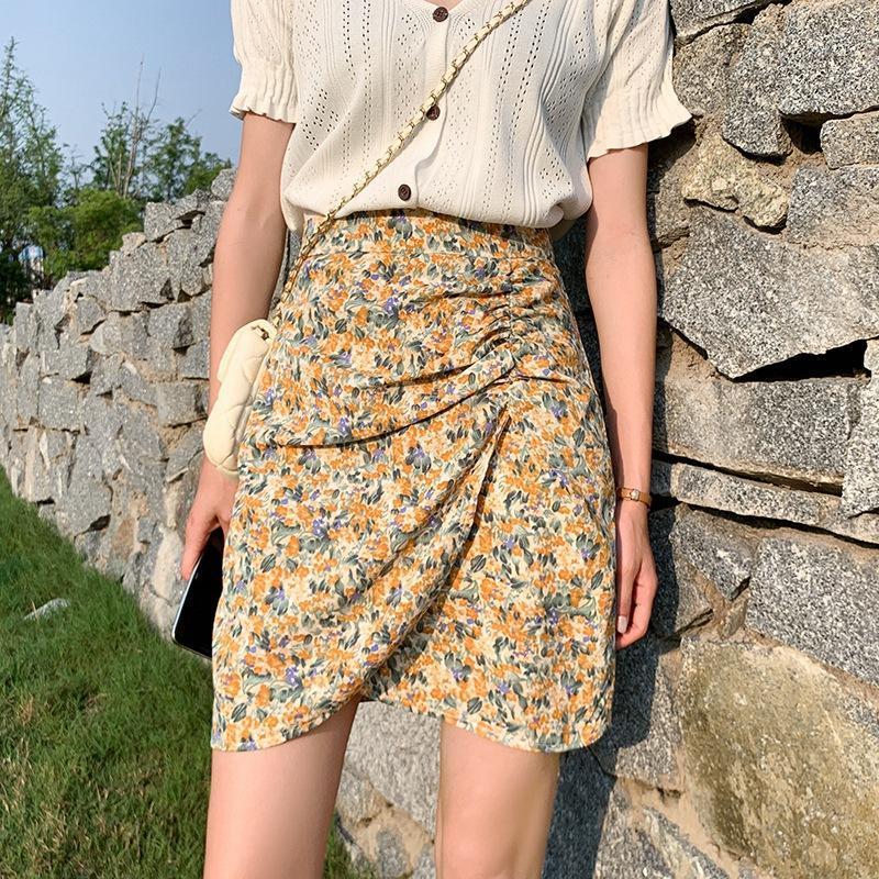 

Fashion Floral Print Flower High Waist Skirt Irregular Mini Women Asymmetrical Vintage Boho Ruched Summer Skirts Wikkelrok, Pink