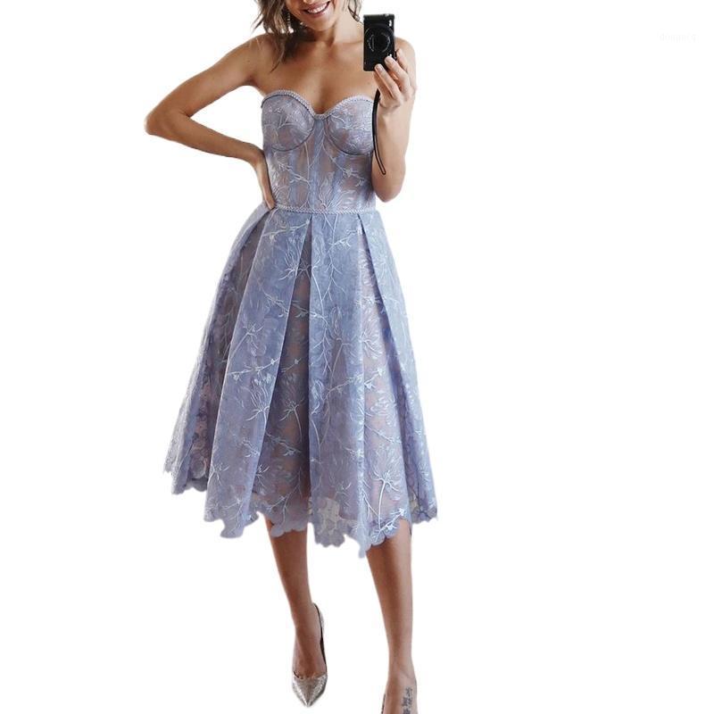 Robes décontractées Été Sexy Sans Bretelles Floral Imprimé Midi Pour Femmes Piste Designer Élégant Parti Voir À Travers Robe Dames