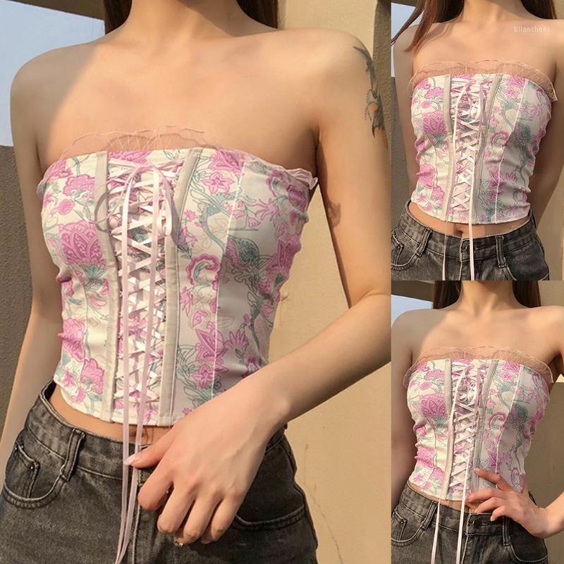 

Women's Tanks & Camis Women Summer Sexy Strapless Corset Crop Top Vintage Pink Floral Print Slim Bandeau Camisole Criss Cross Lace-Up Front
