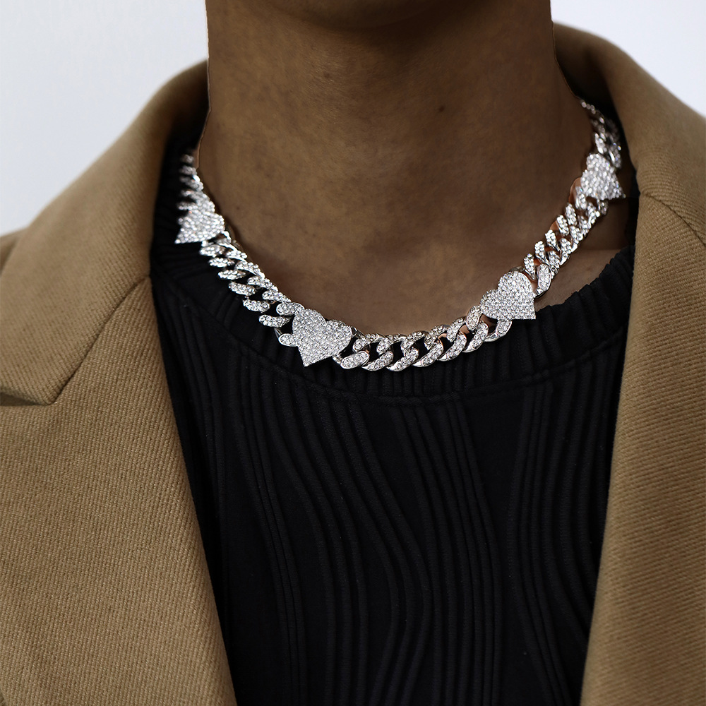 

Hip Hop Jewelry Personality Cuban Chain Temperament Exquisite Love Heart choker Necklace Adjustable Bracelet Accessories Couple Models Gifts for Men and Women