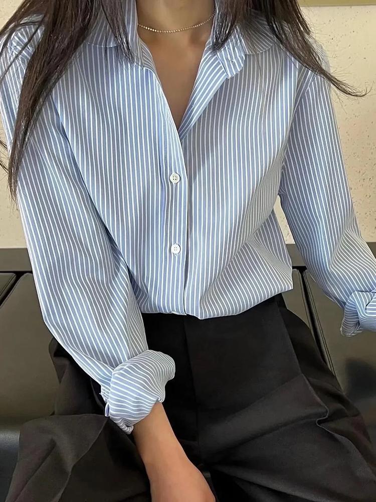 

Women' Blouses & Shirts Evfer Women Summer Striped Print Single Breasted Casual Blue Long Ladies Front Pockets Elegant Loose TopsWomen, Yellow