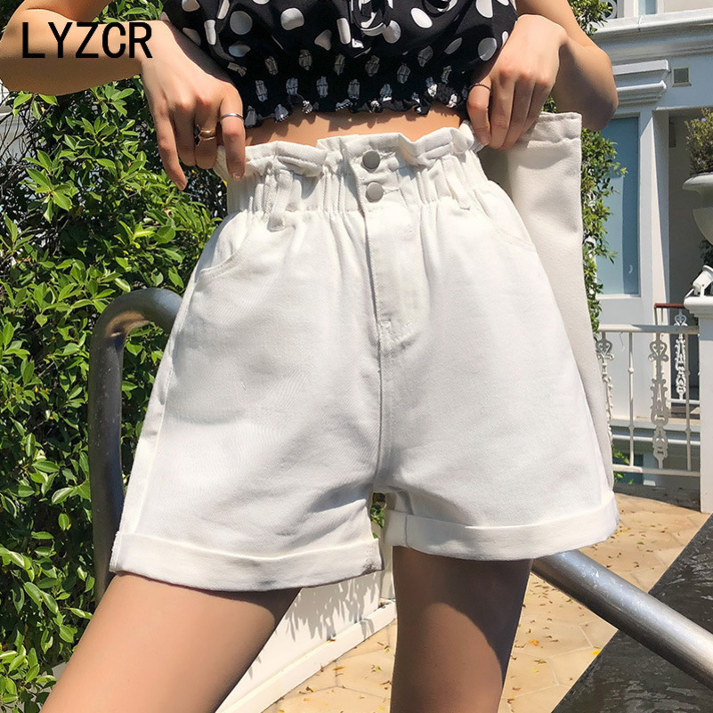 

LYZCR Vintage Loose Denim Short Summer High Waist White Shorts Jeans Casual Wide Leg Ladies Short Jean Feminina Y200403, Light blue