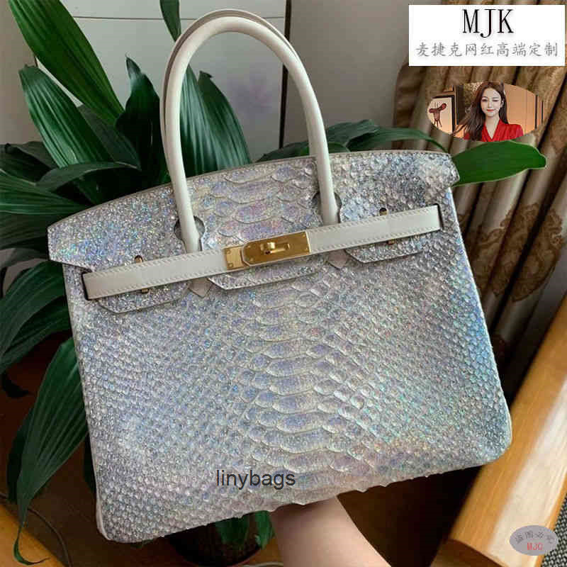 

herme birkin's shoulder totes handbags women Imported rare animal skin platinum bag 30 half sewn wax thread women's European and American fashion leather, Phantom color