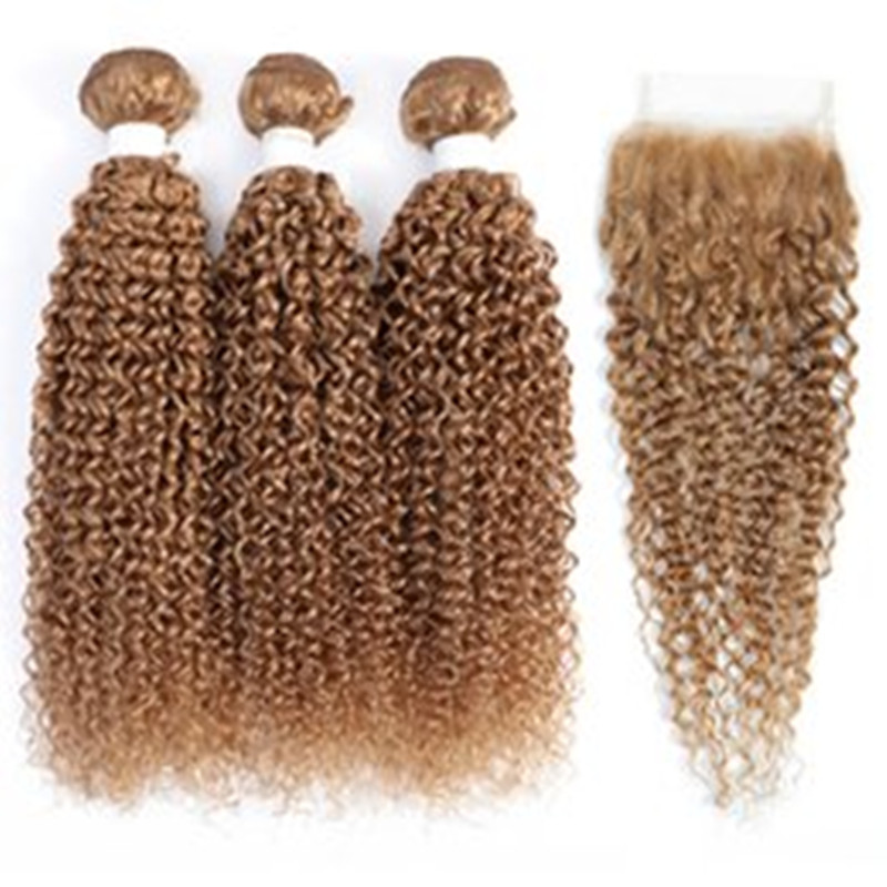 

Kinky Curly Hair Bundles With Closure 4x4 Honey Blonde Brown Brazilian Human Hair Weave Remy, 27